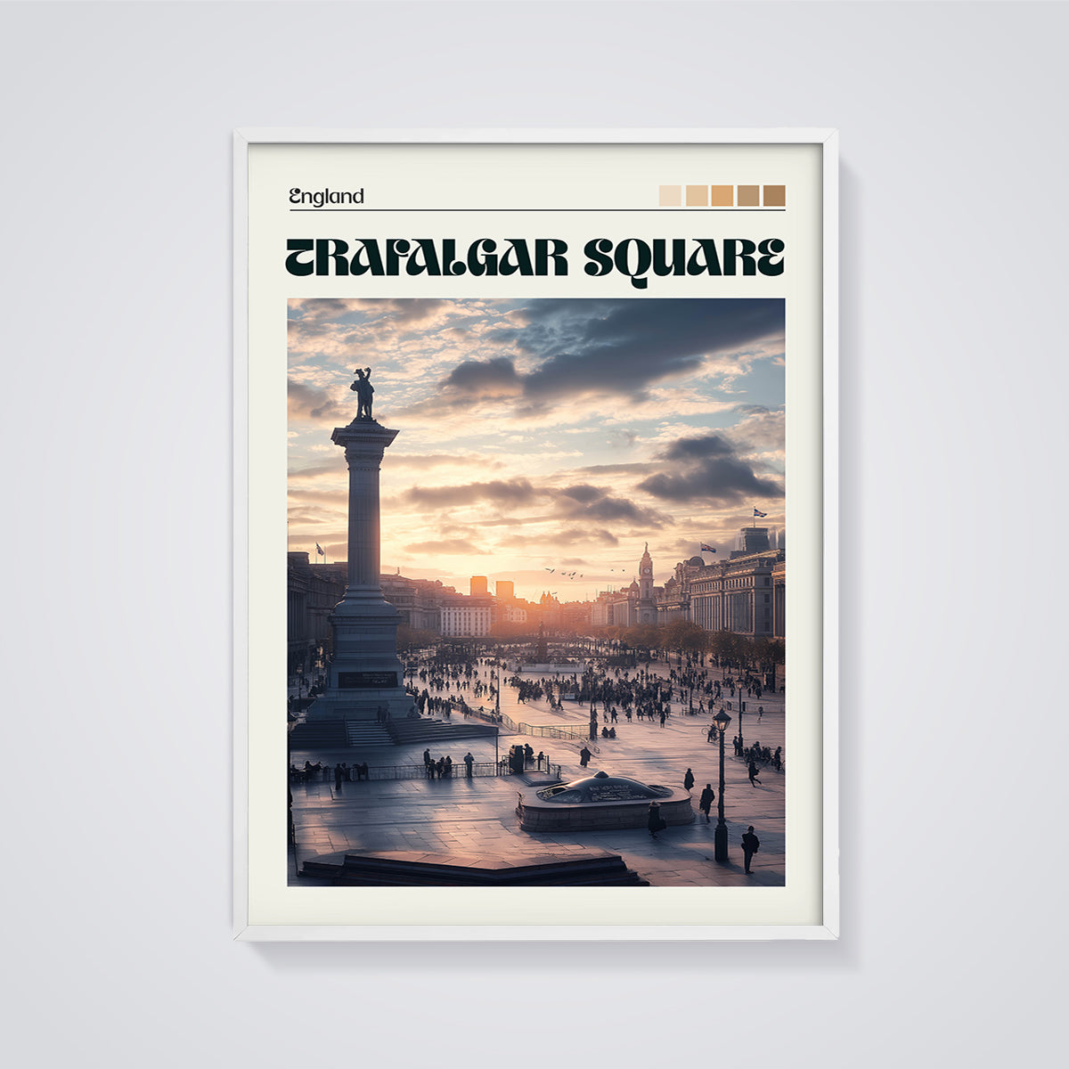 Trafalgar Square Sunset Print framed in white on a grey background