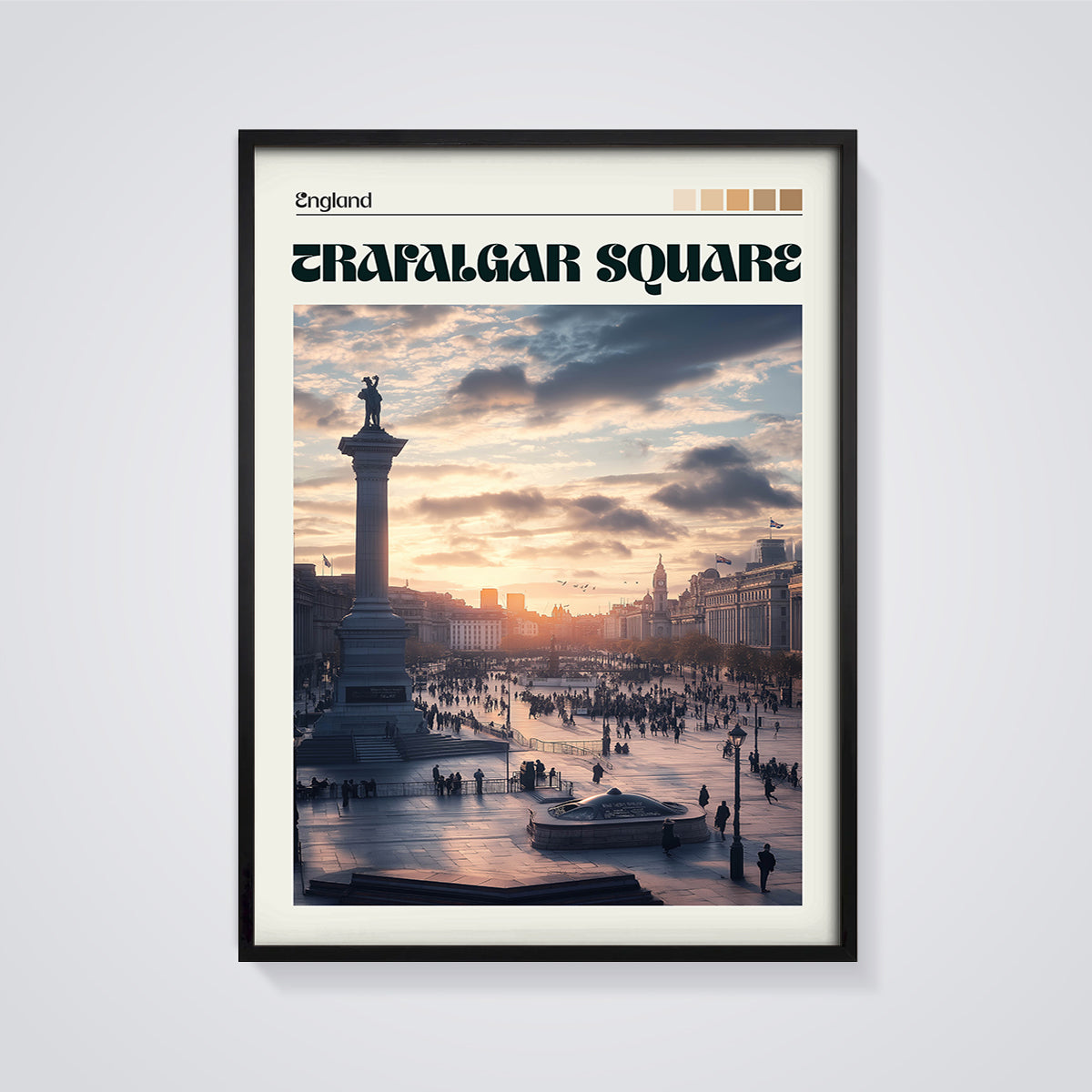 Trafalgar Square Sunset Print framed in black on a grey background