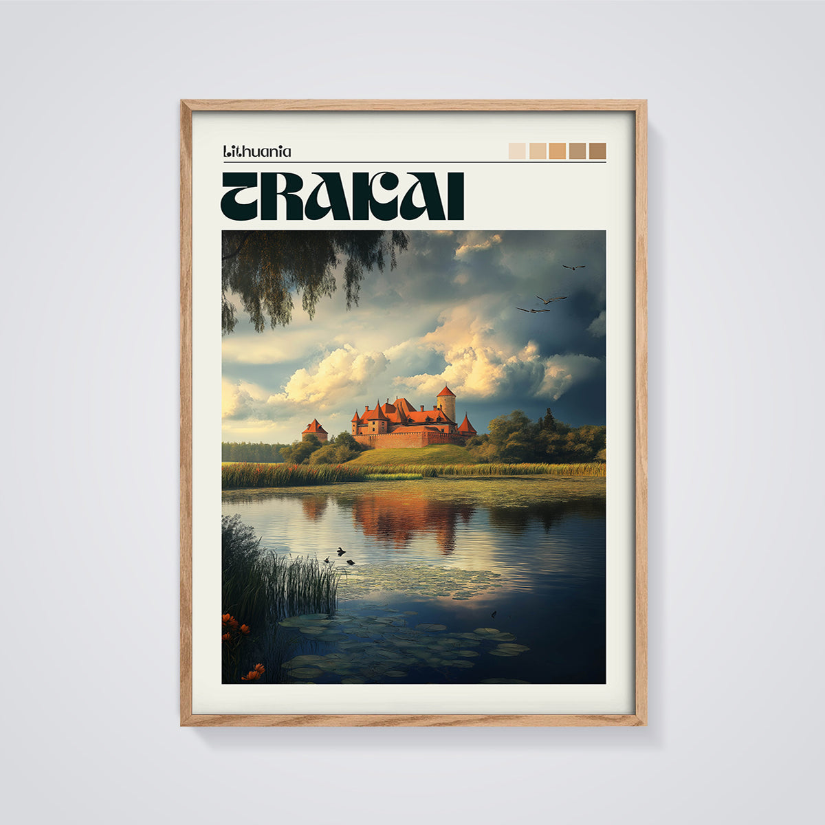 Trakai Castle Lake Print framed in oak on a grey background