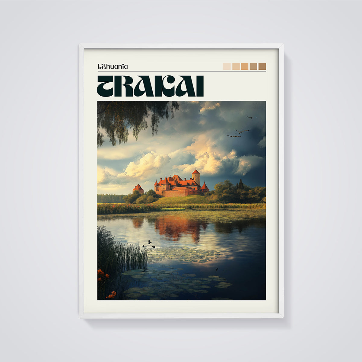 Trakai Castle Lake Print framed in white on a grey background