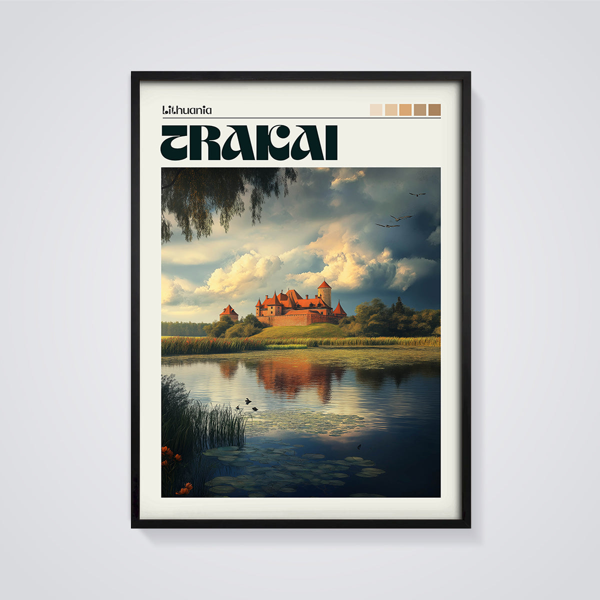 Trakai Castle Lake Print framed in black on a grey background