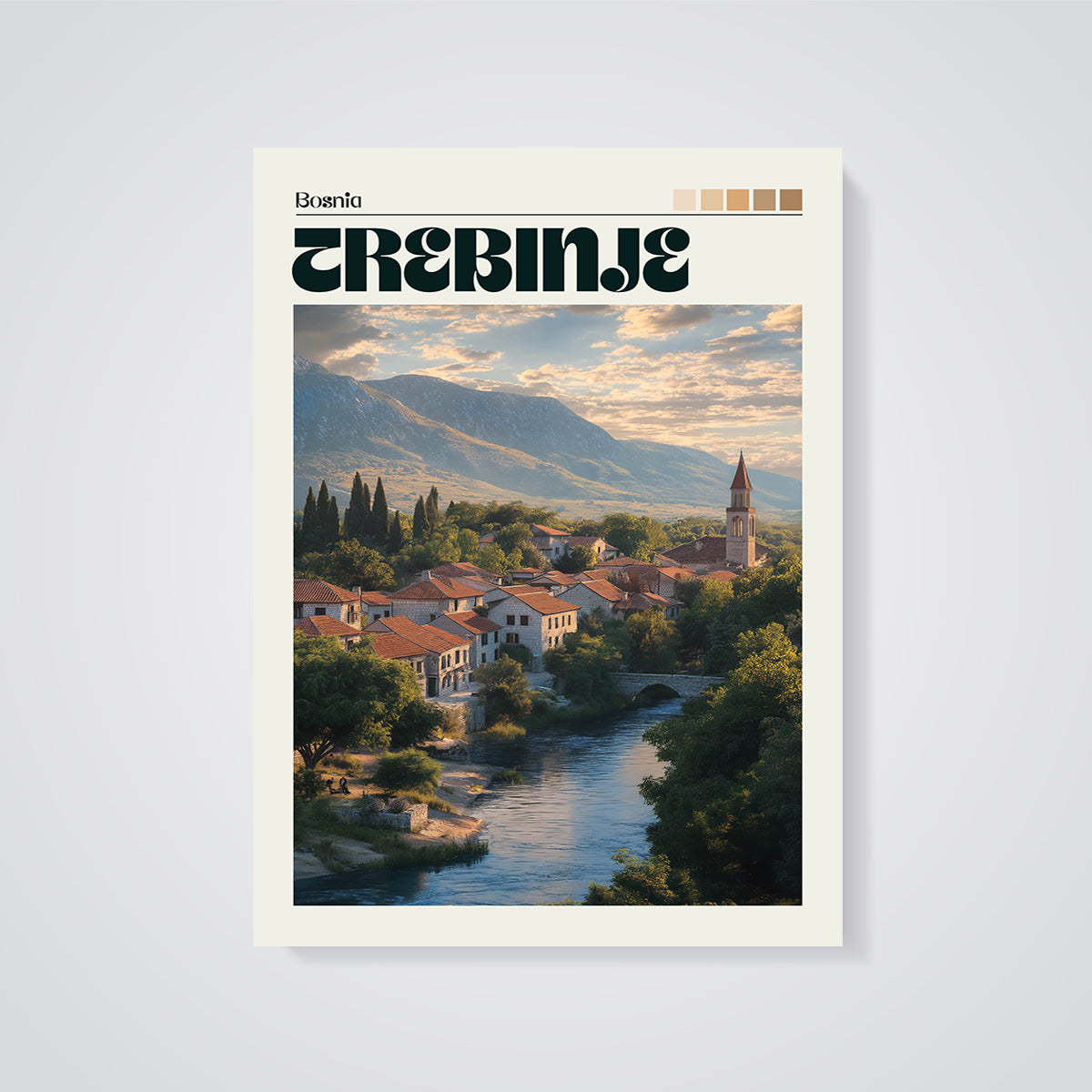 Trebinje Riverside Town Print unframed on a grey background