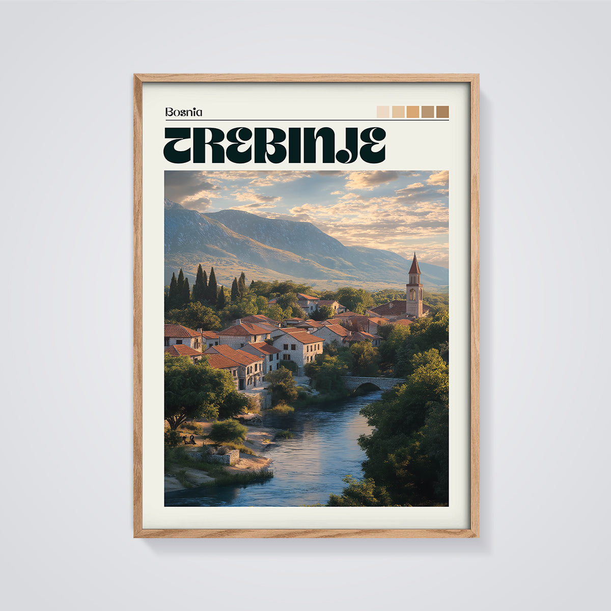 Trebinje Riverside Town Print framed in oak on a grey background