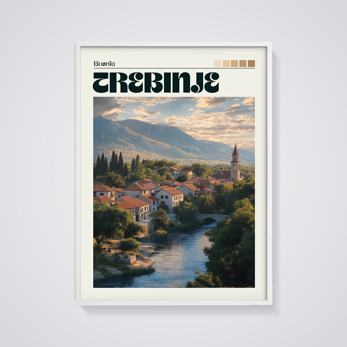 Trebinje Riverside Town Print framed in white on a grey background