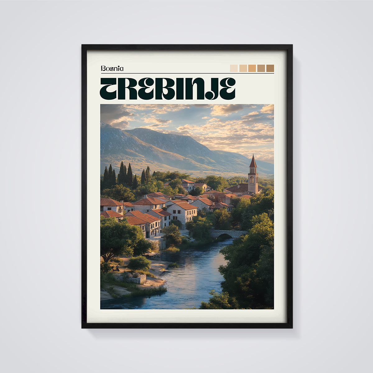 Trebinje Riverside Town Print framed in black on a grey background