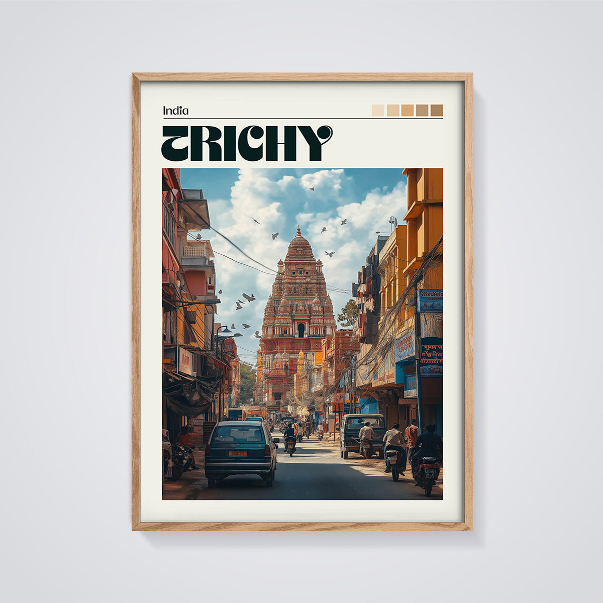 Trichy Temple Street Print framed in oak on a grey background