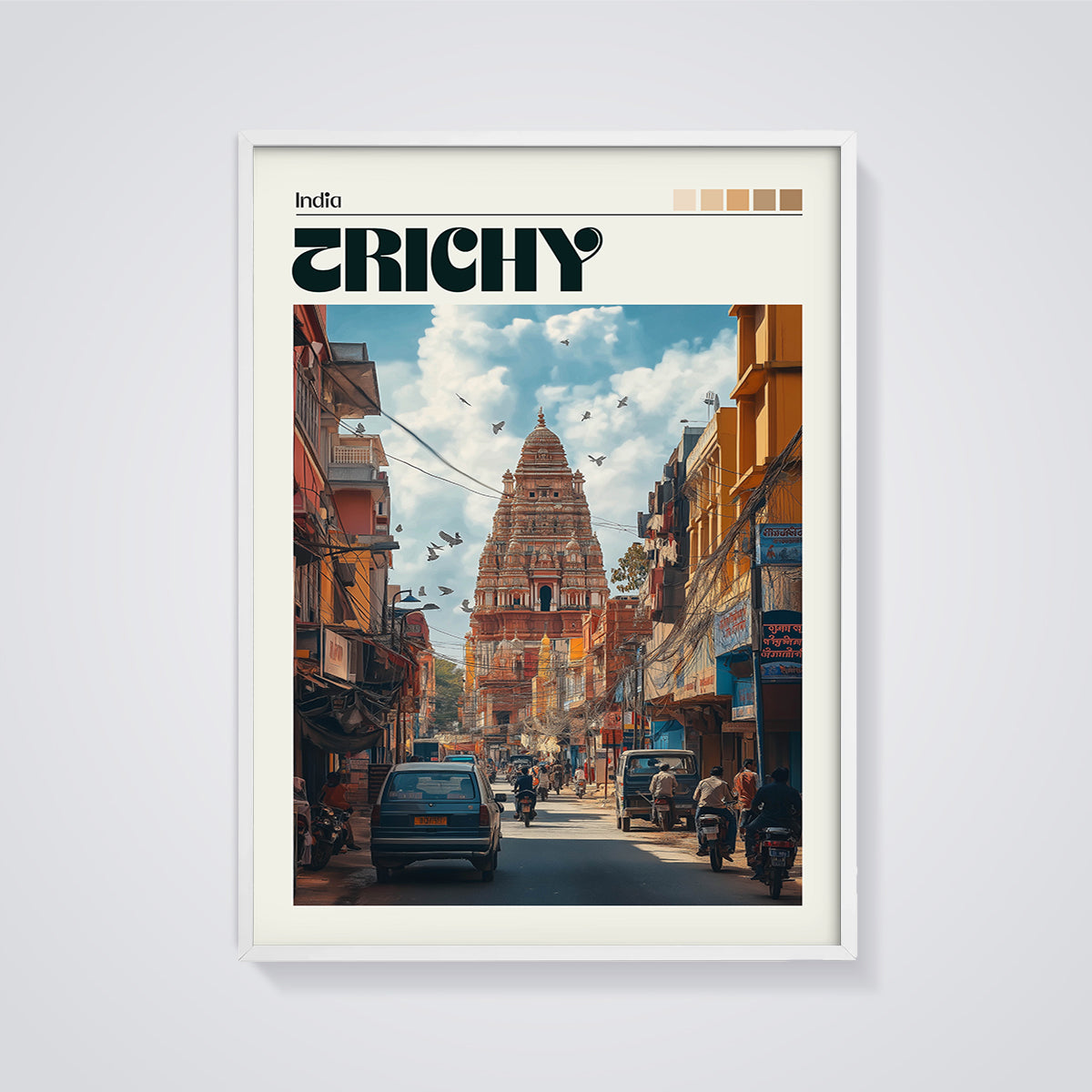 Trichy Temple Street Print framed in white on a grey background