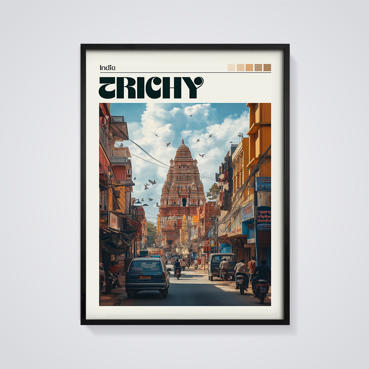 Trichy Temple Street Print framed in black on a grey background