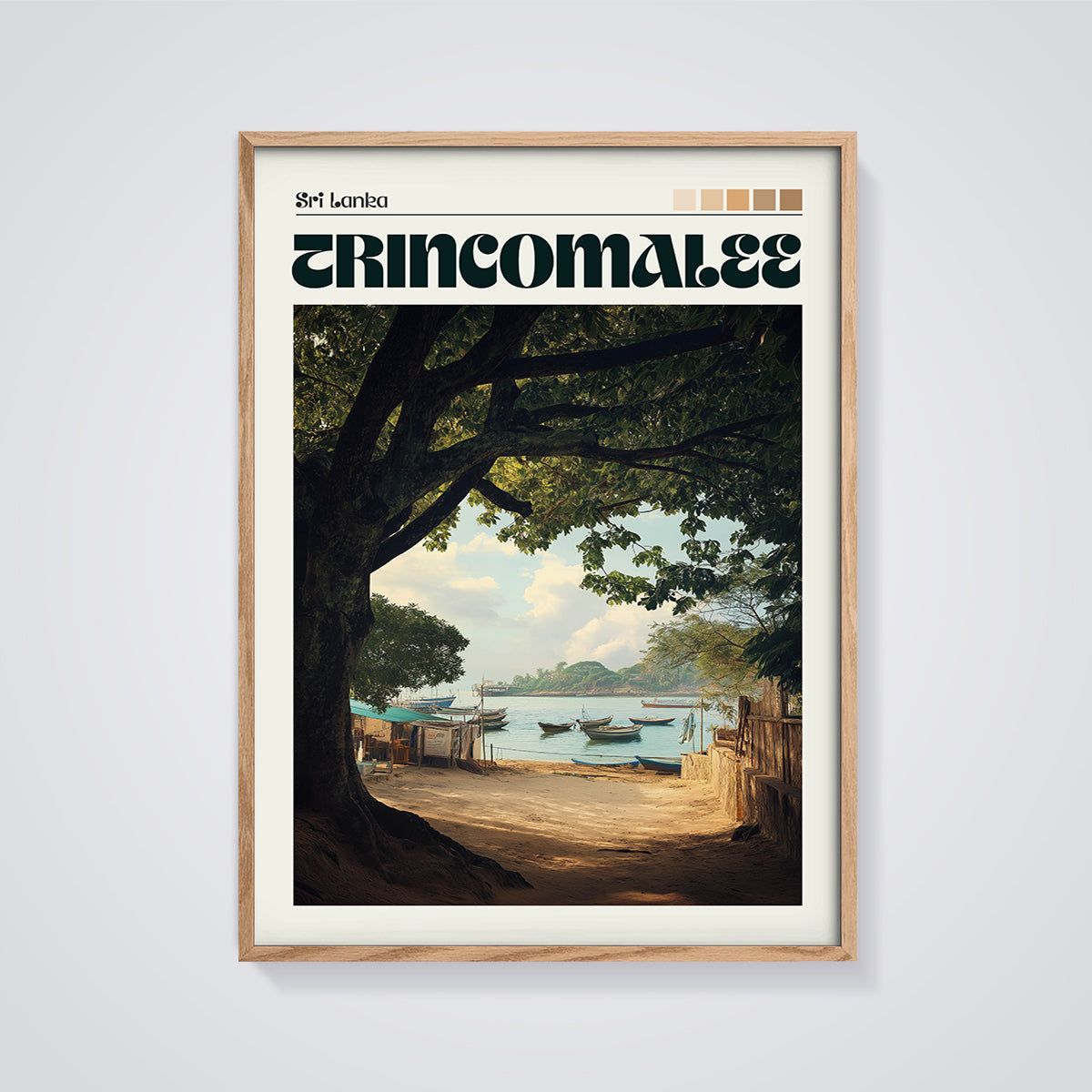 Trincomalee Sri Lanka Bay Print framed in oak on a grey background