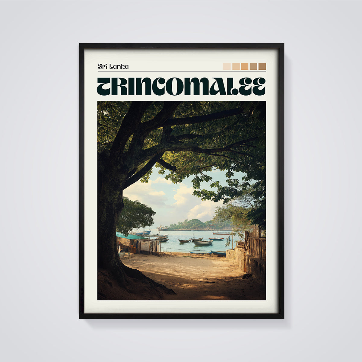 Trincomalee Sri Lanka Bay Print framed in black on a grey background