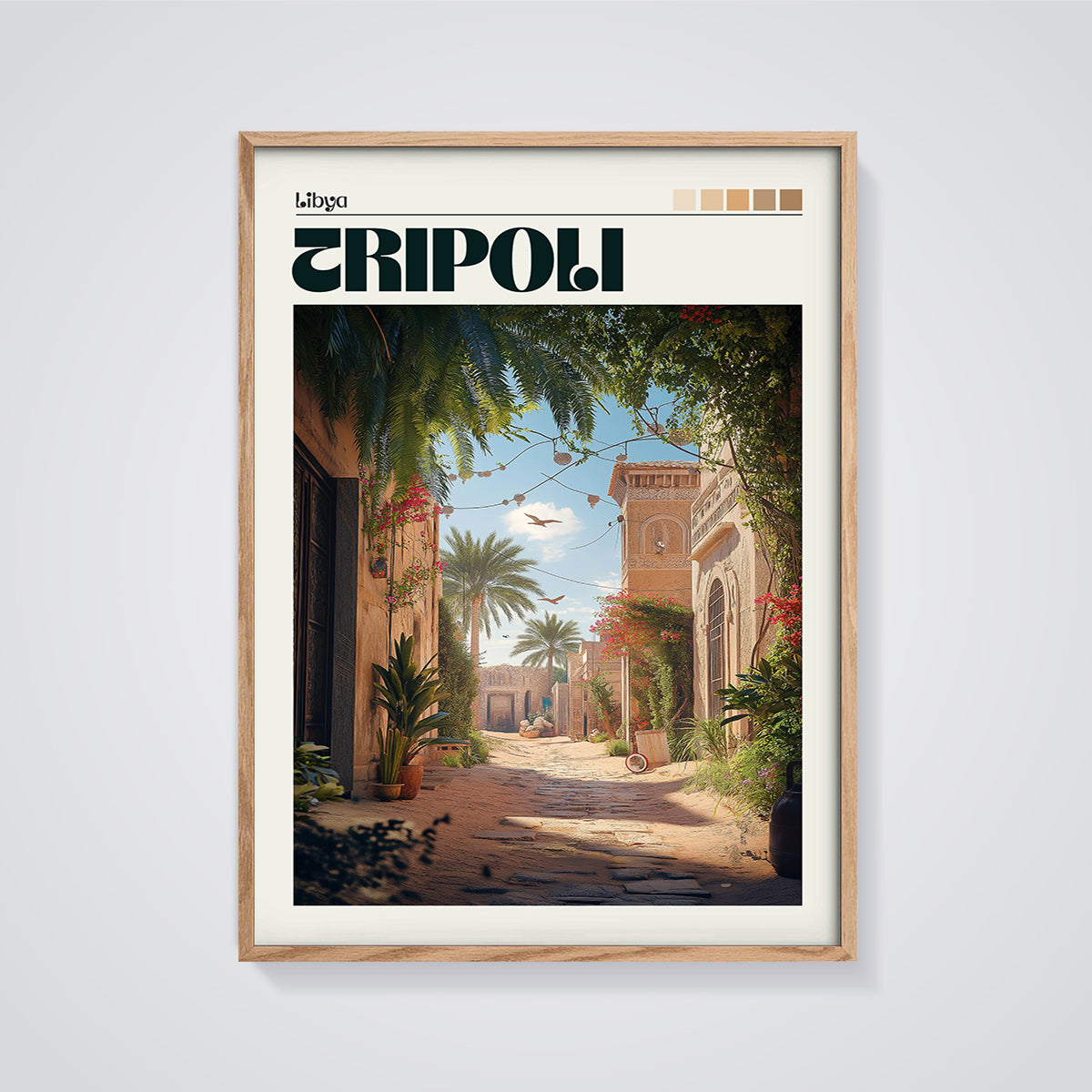 Tripoli Street Scene Print framed in oak on a grey background