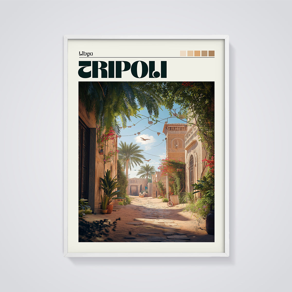 Tripoli Street Scene Print framed in white on a grey background