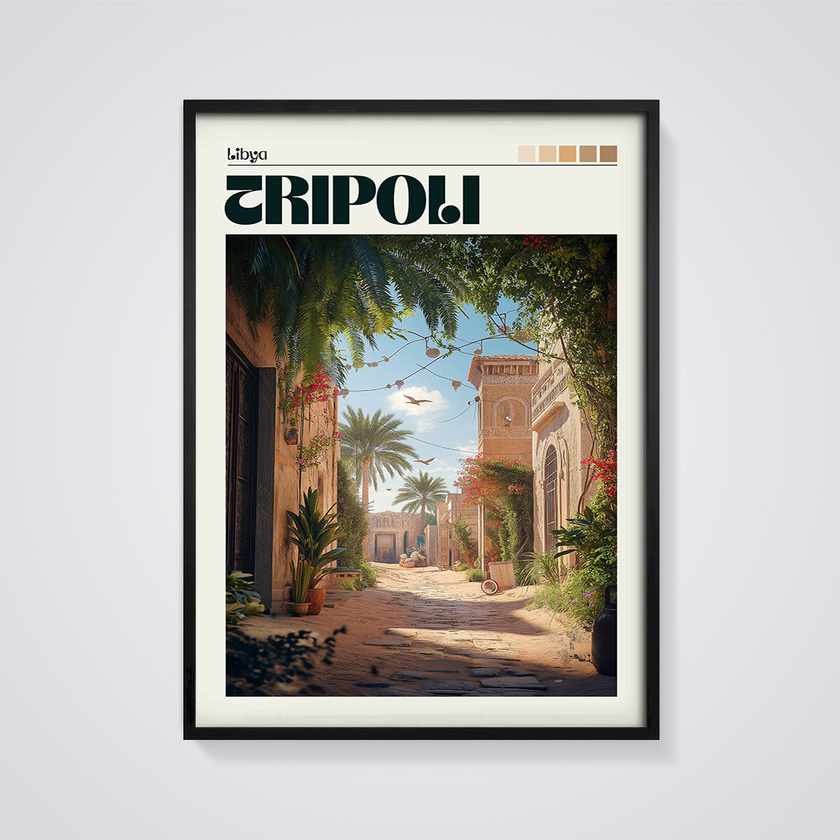 Tripoli Street Scene Print framed in black on a grey background