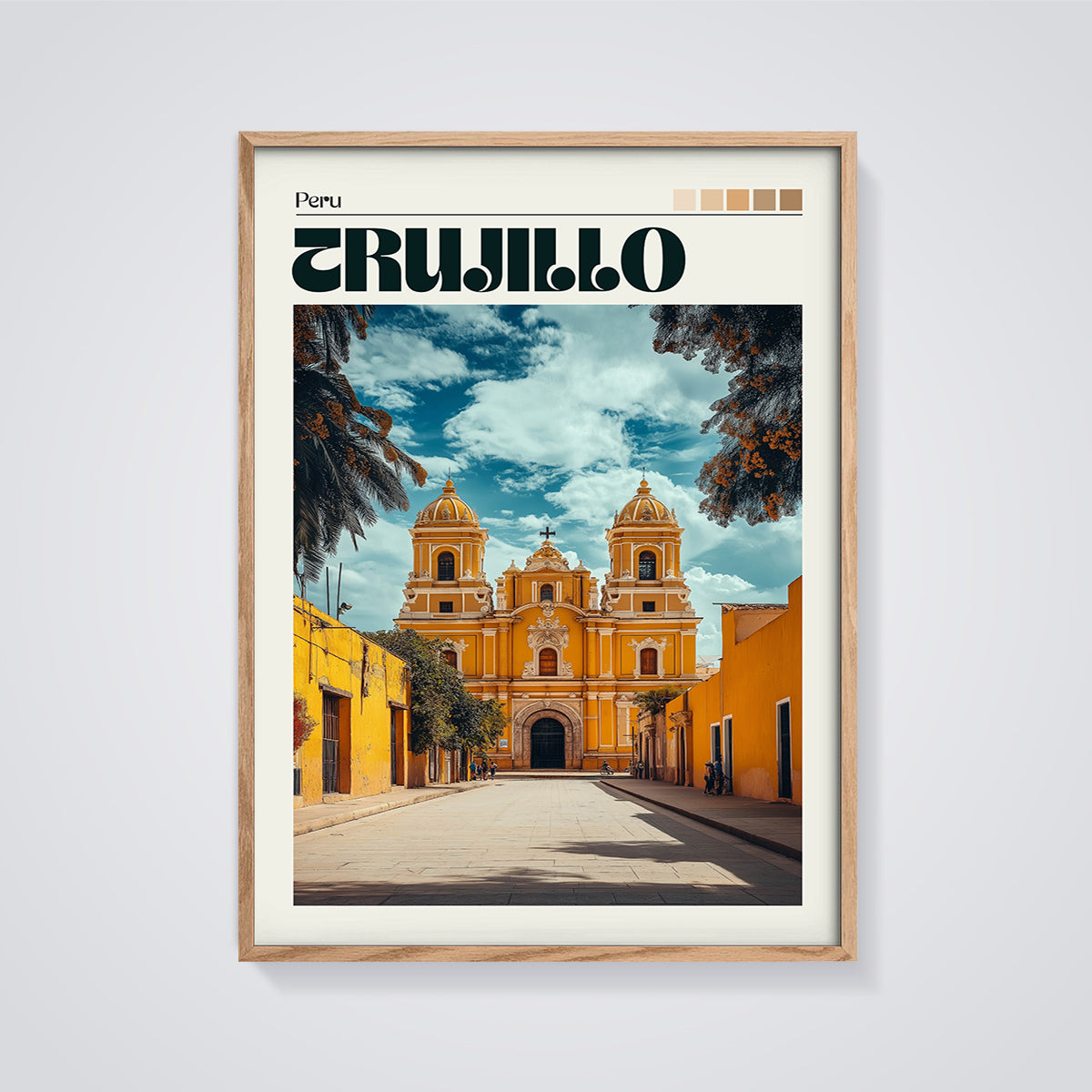 Trujillo Cathedral Peru Print framed in oak on a grey background
