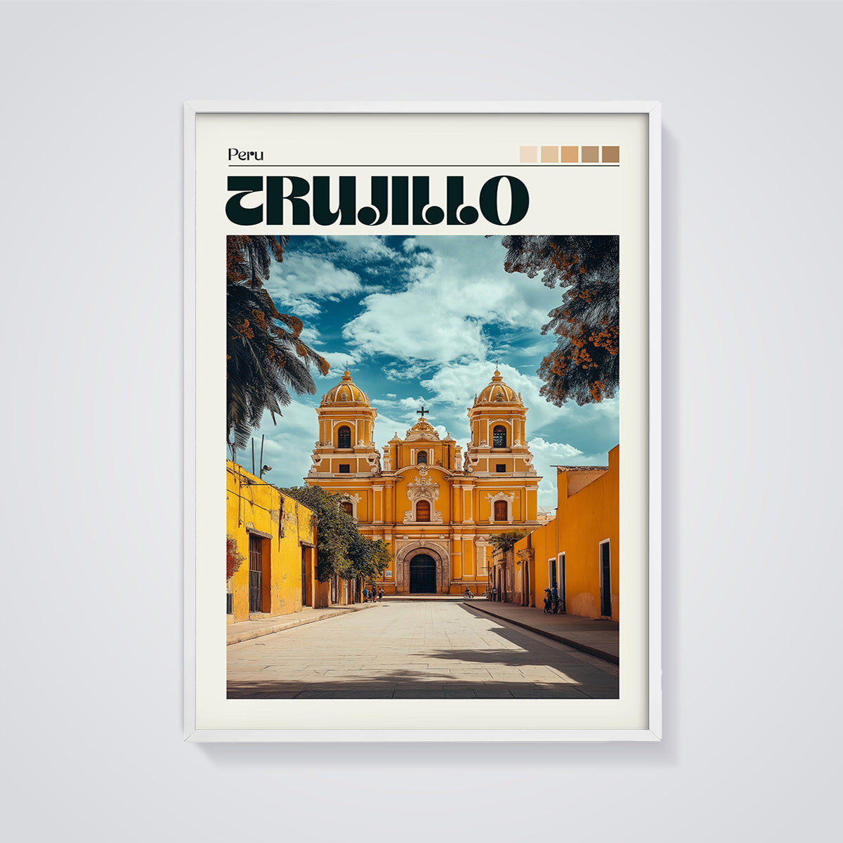 Trujillo Cathedral Peru Print framed in white on a grey background