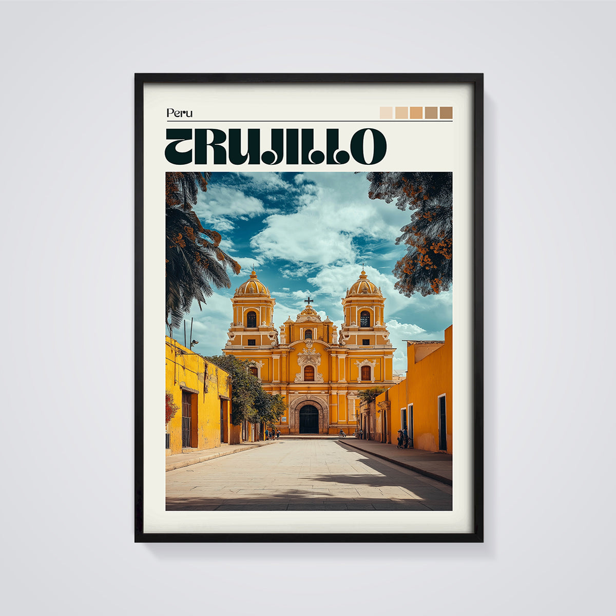 Trujillo Cathedral Peru Print framed in black on a grey background