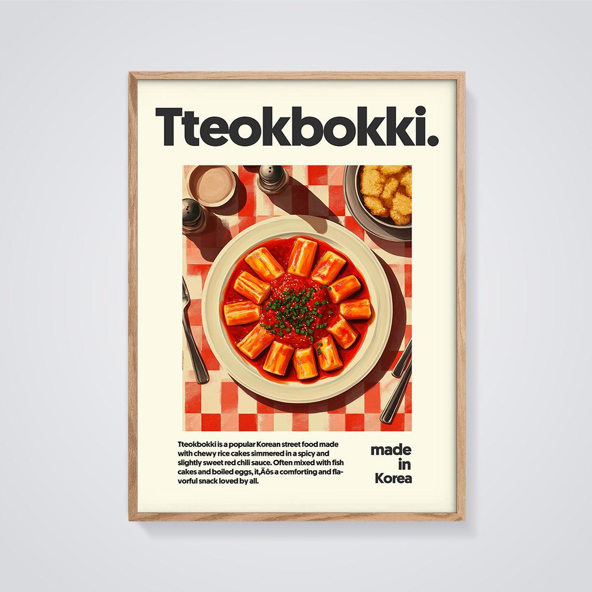 Tteokbokki Food Print framed in oak on a grey background