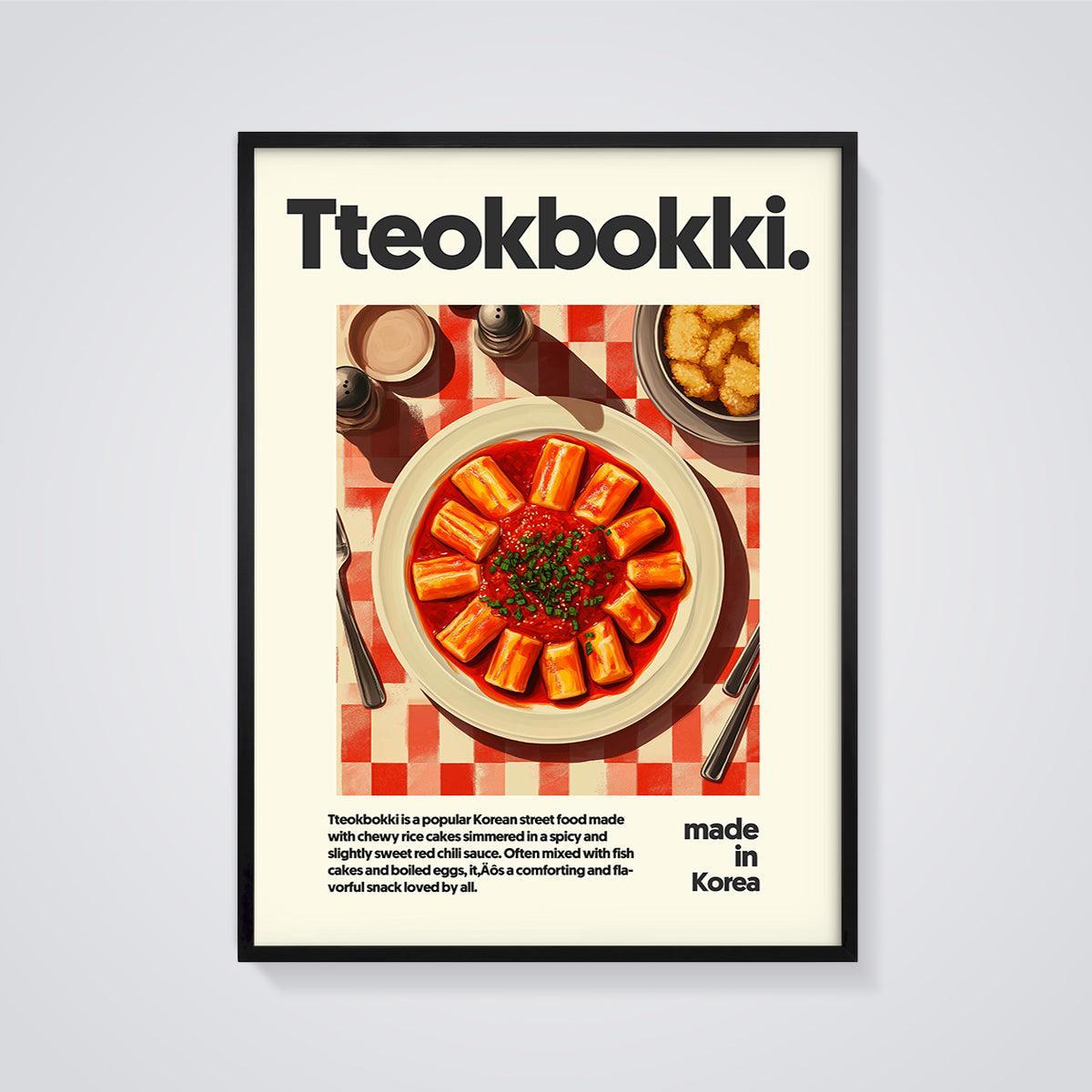 Tteokbokki Food Print framed in black on a grey background