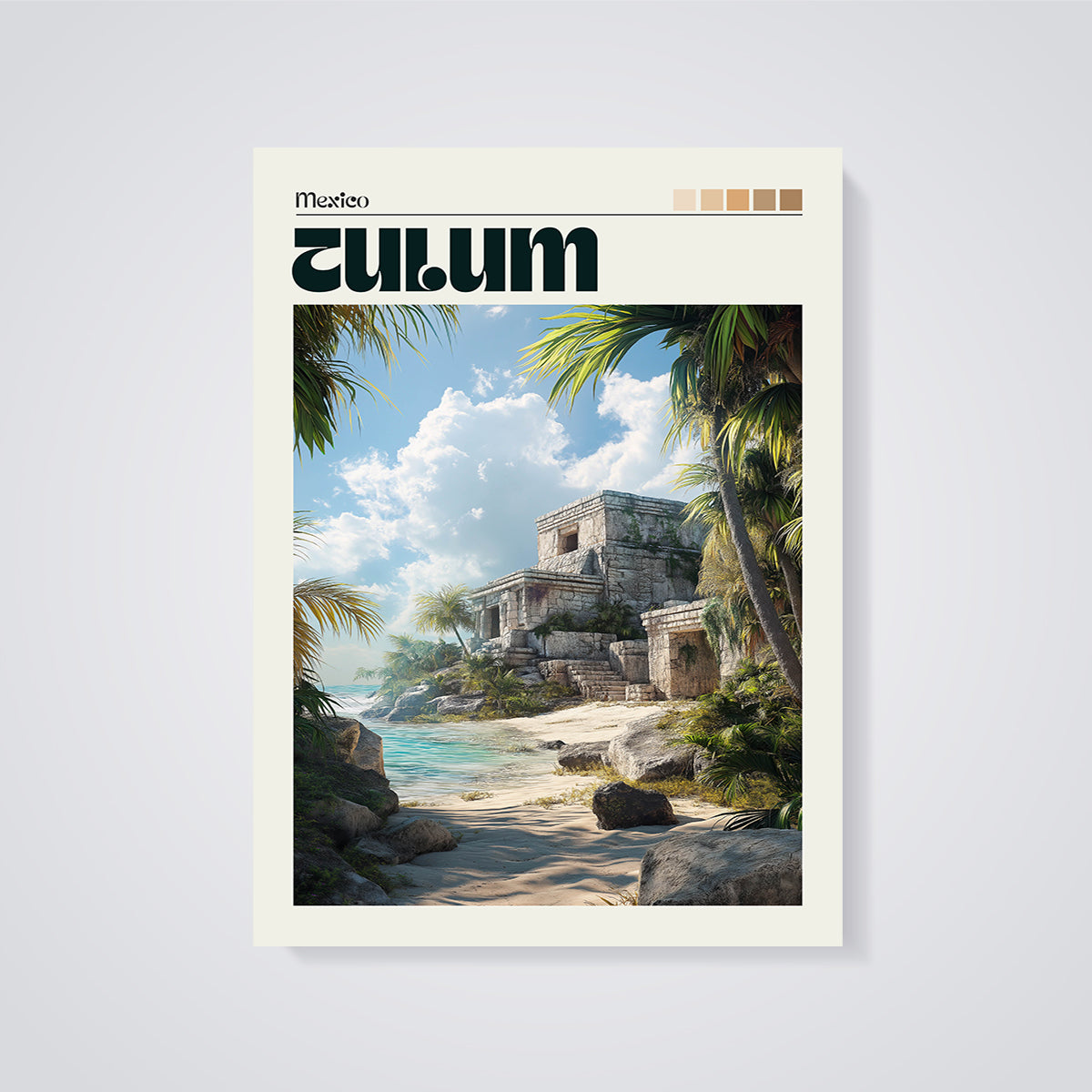 Tulum Mexico Ruins Beach Print unframed on a grey background