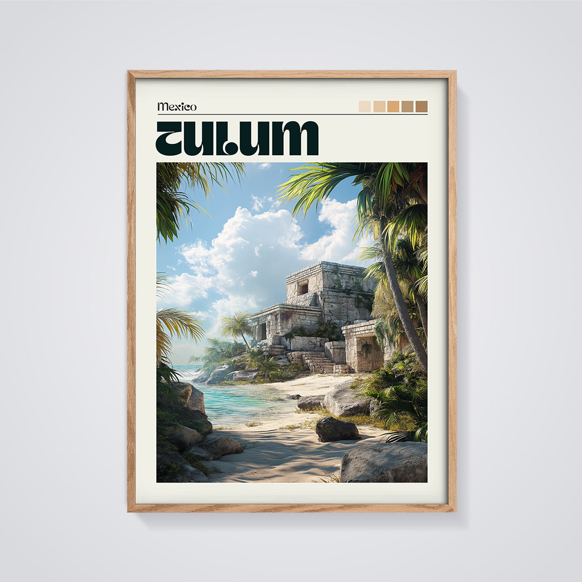 Tulum Mexico Ruins Beach Print framed in oak on a grey background
