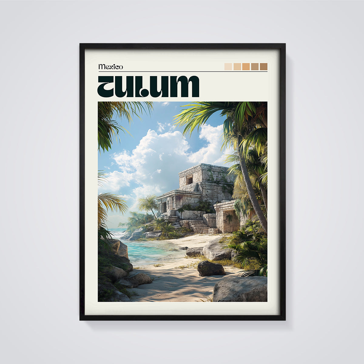 Tulum Mexico Ruins Beach Print framed in black on a grey background