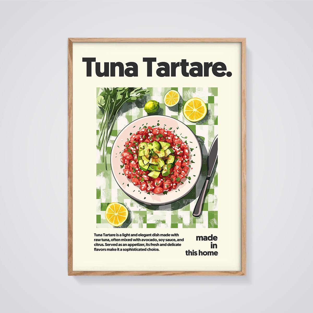 Tuna Tartare Dish Print framed in oak on a grey background