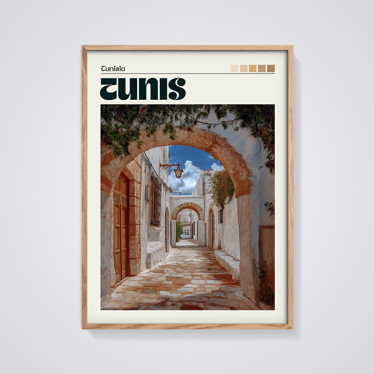 Tunis Arched Street Print framed in oak on a grey background