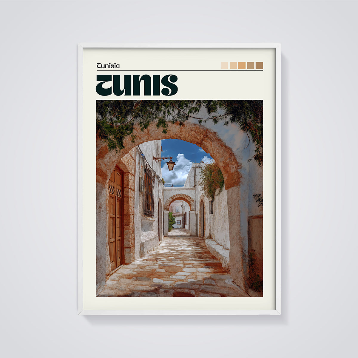 Tunis Arched Street Print framed in white on a grey background
