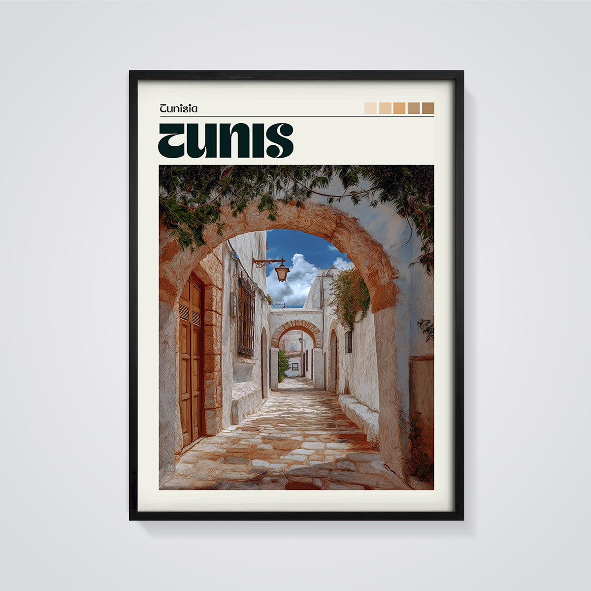 Tunis Arched Street Print framed in black on a grey background