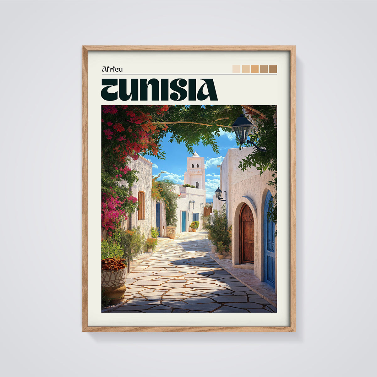 Tunisia White Street Print framed in oak on a grey background