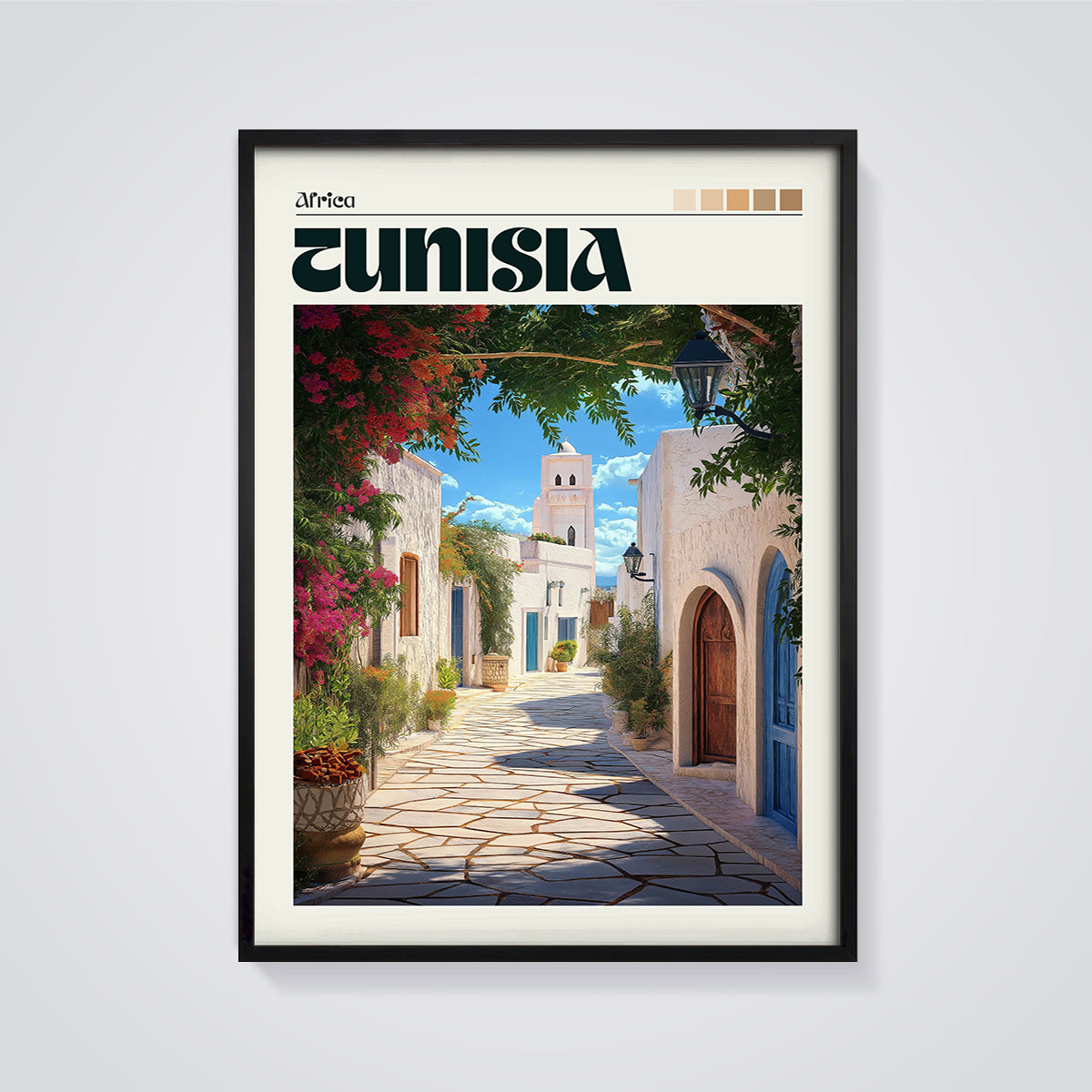 Tunisia White Street Print framed in black on a grey background