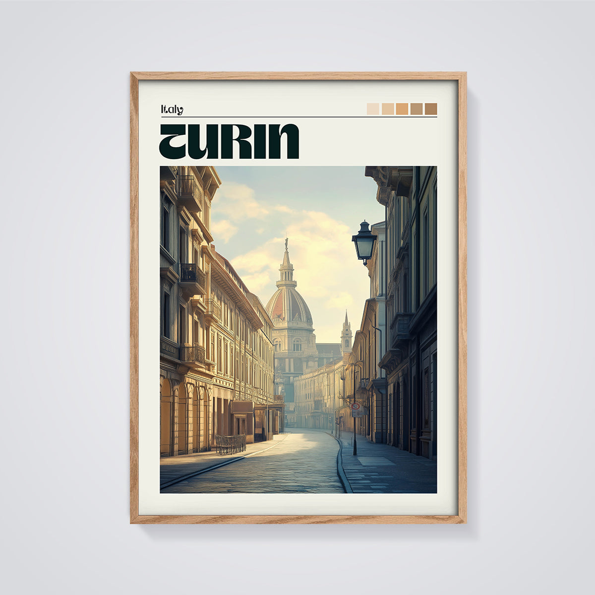 Turin Italy Street View Print framed in oak on a grey background