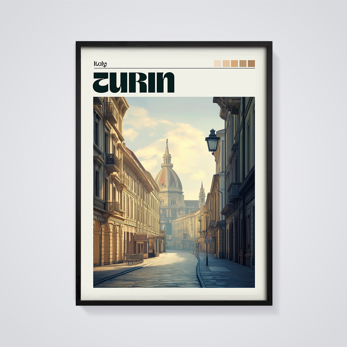 Turin Italy Street View Print framed in black on a grey background