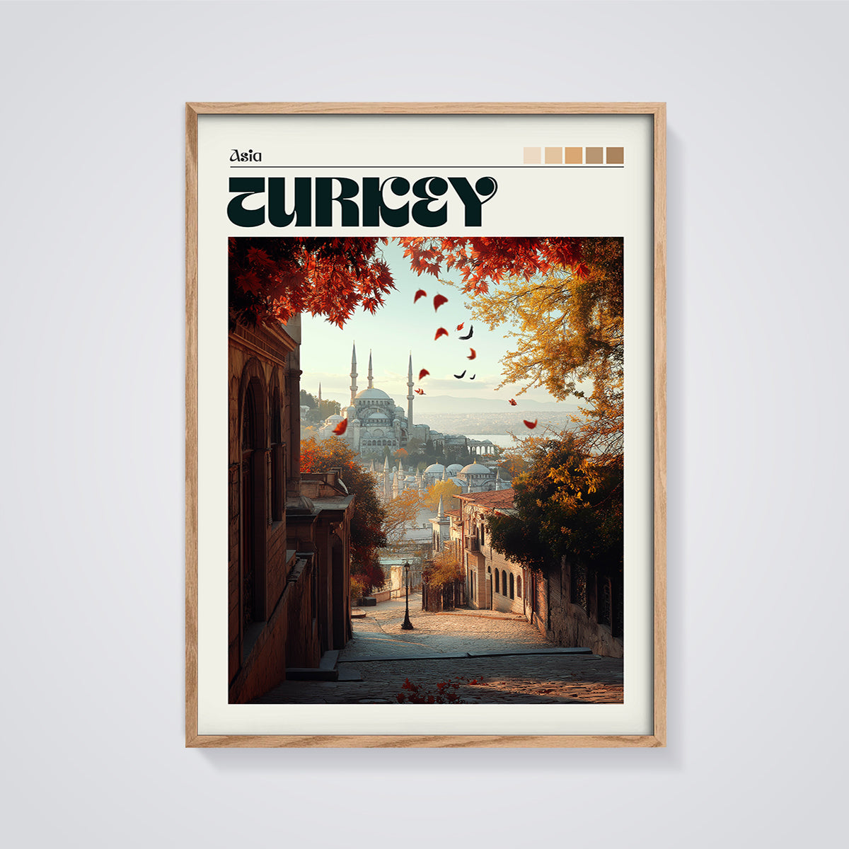 Turkey Autumn Mosque View Print framed in oak on a grey background