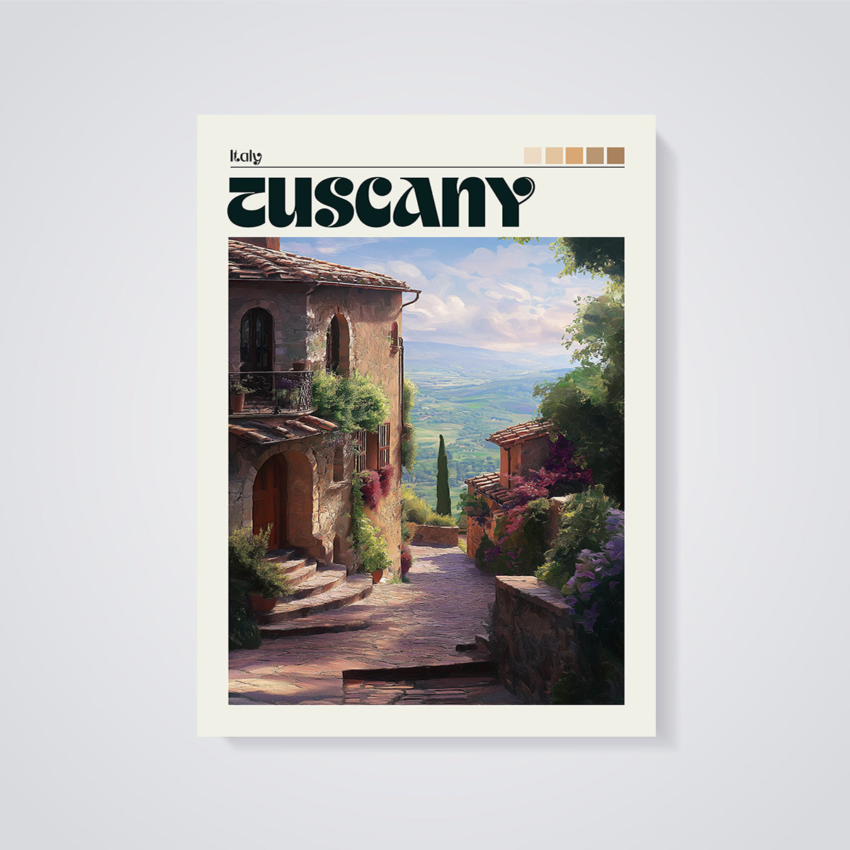 Tuscany Village Alley Print unframed on a grey background