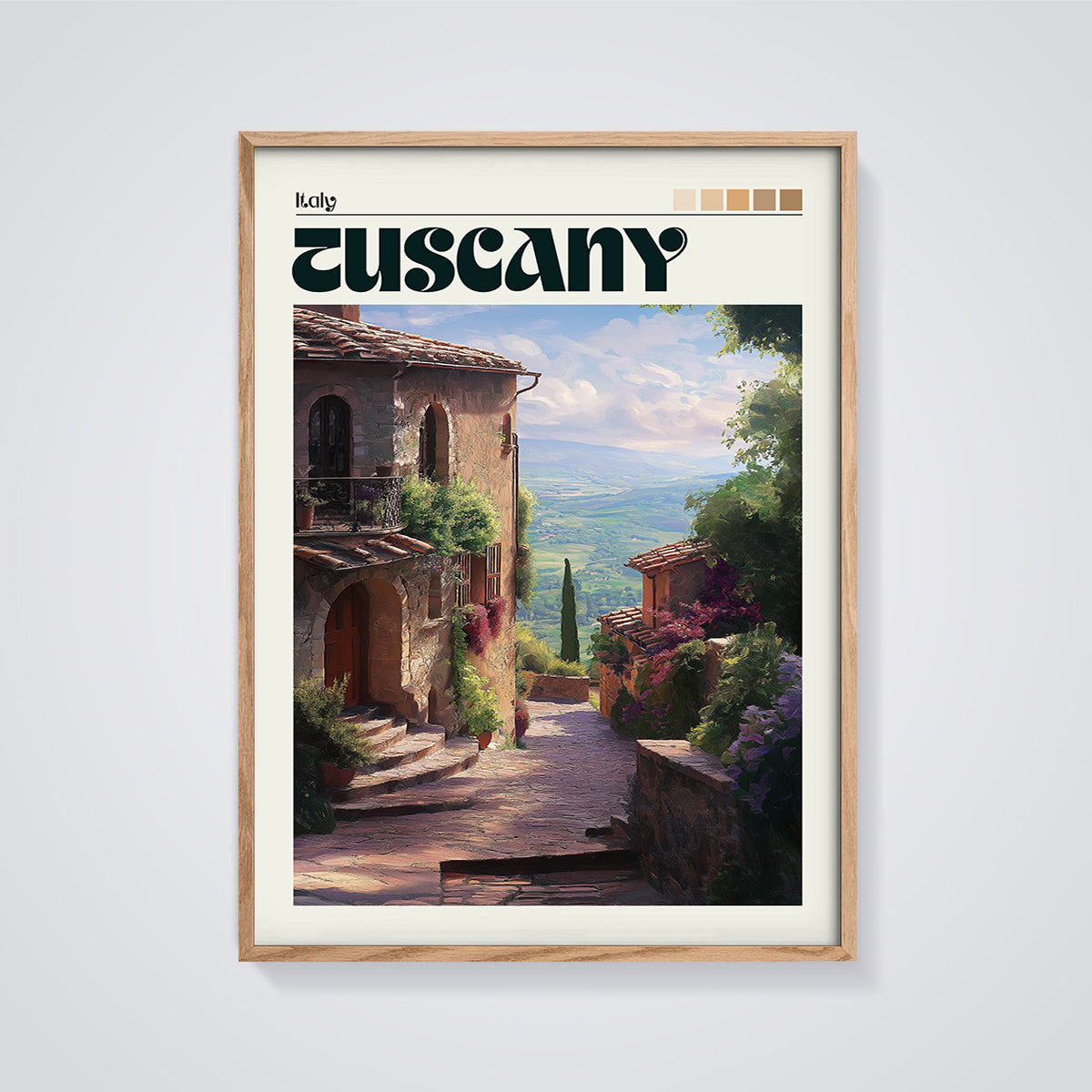Tuscany Village Alley Print framed in oak on a grey background