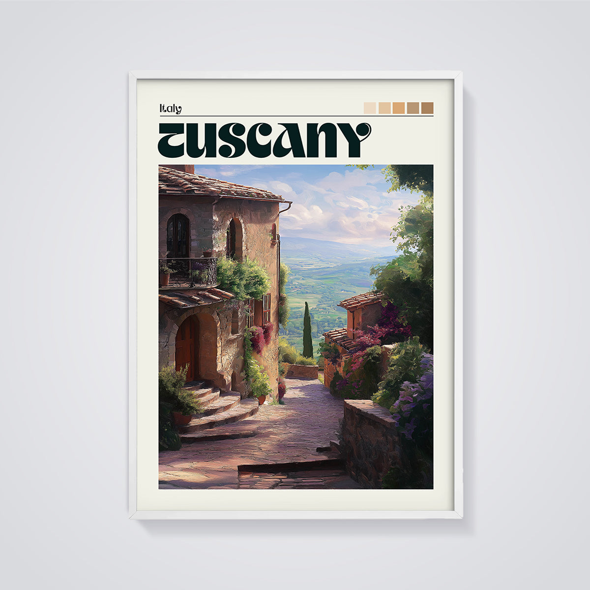 Tuscany Village Alley Print framed in white on a grey background