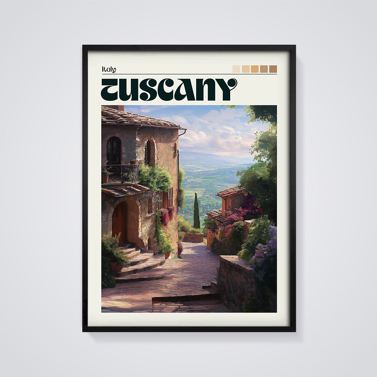 Tuscany Village Alley Print framed in black on a grey background