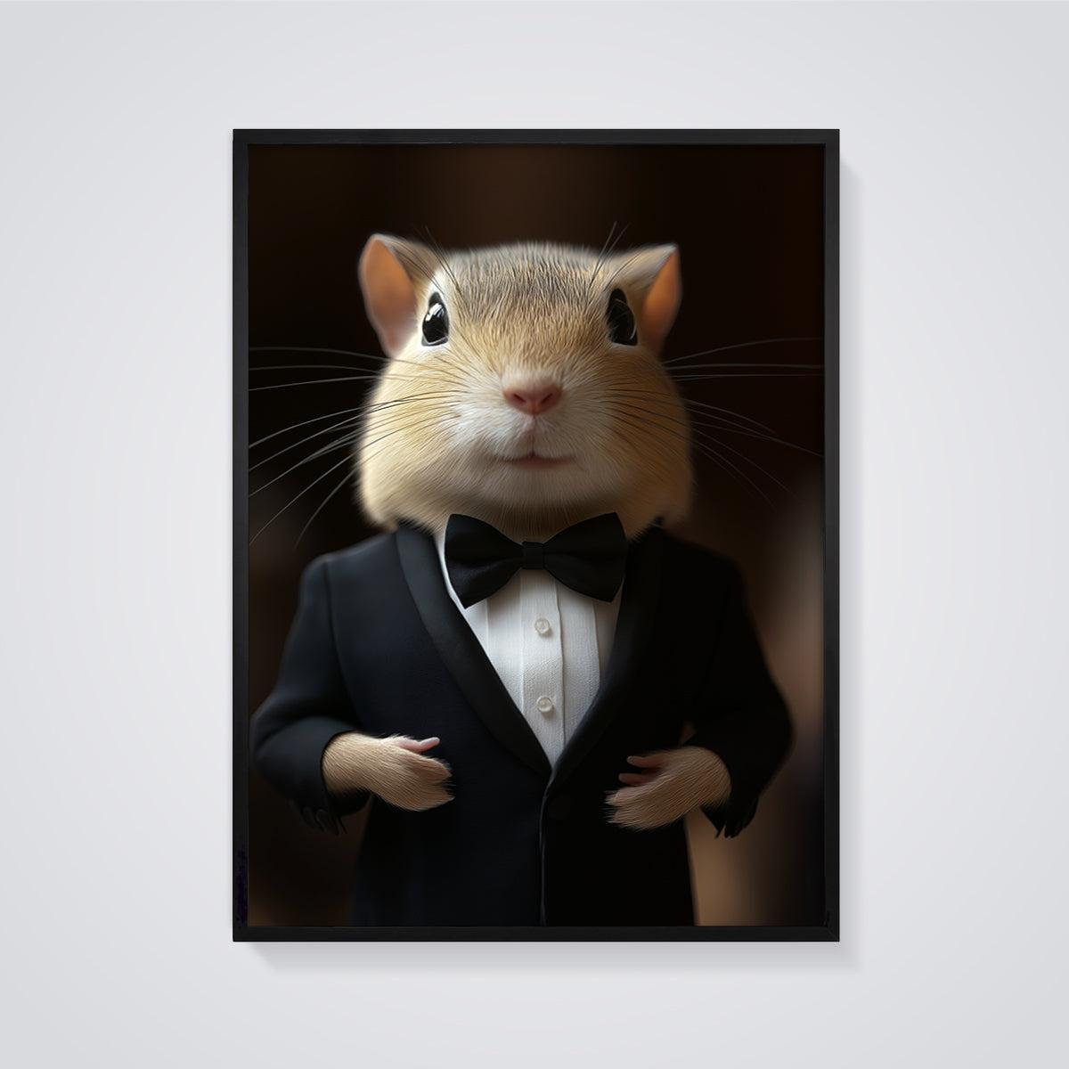 Tuxedo Chipmunk Print framed in black on a grey background