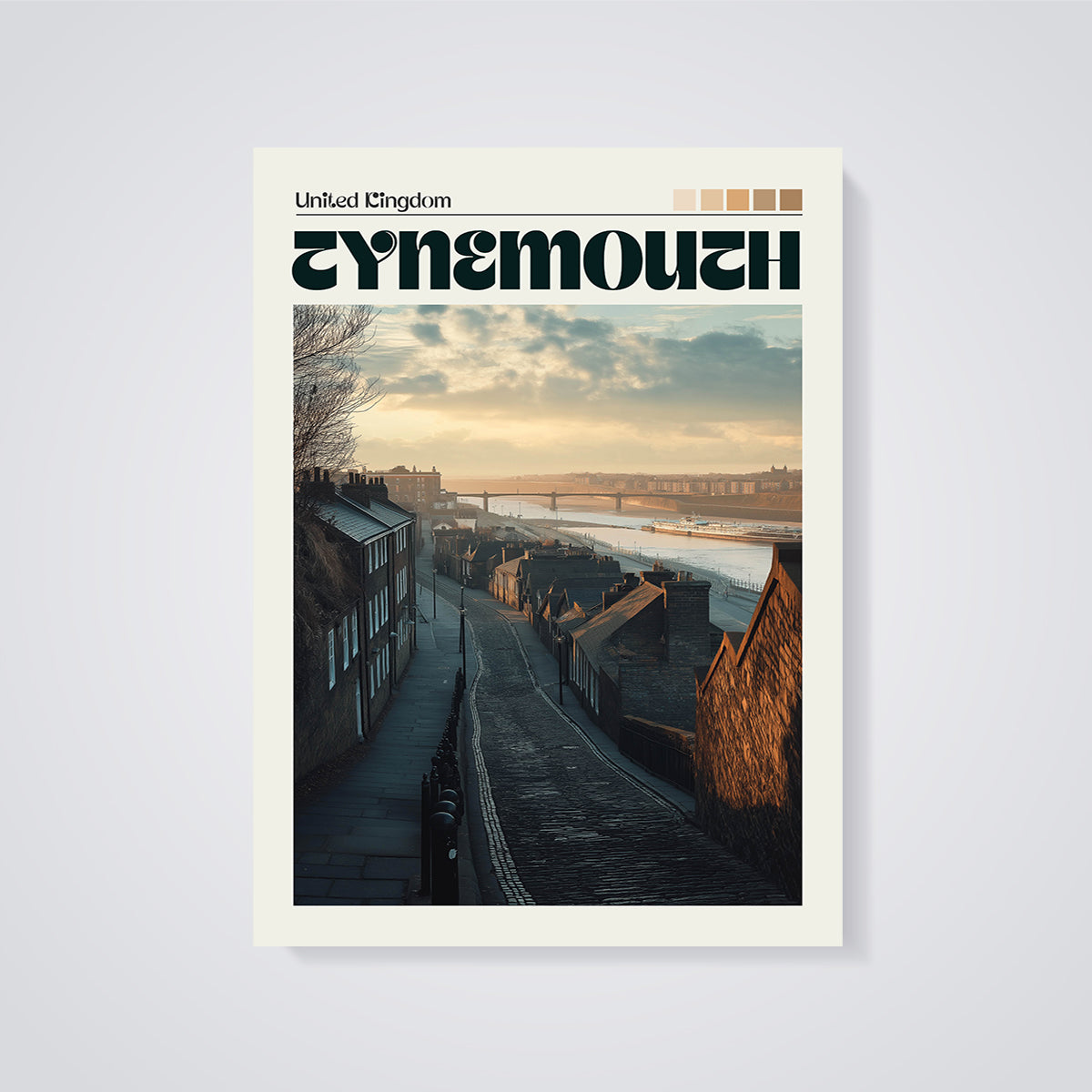 Tynemouth Cobblestone Street Print unframed on a grey background