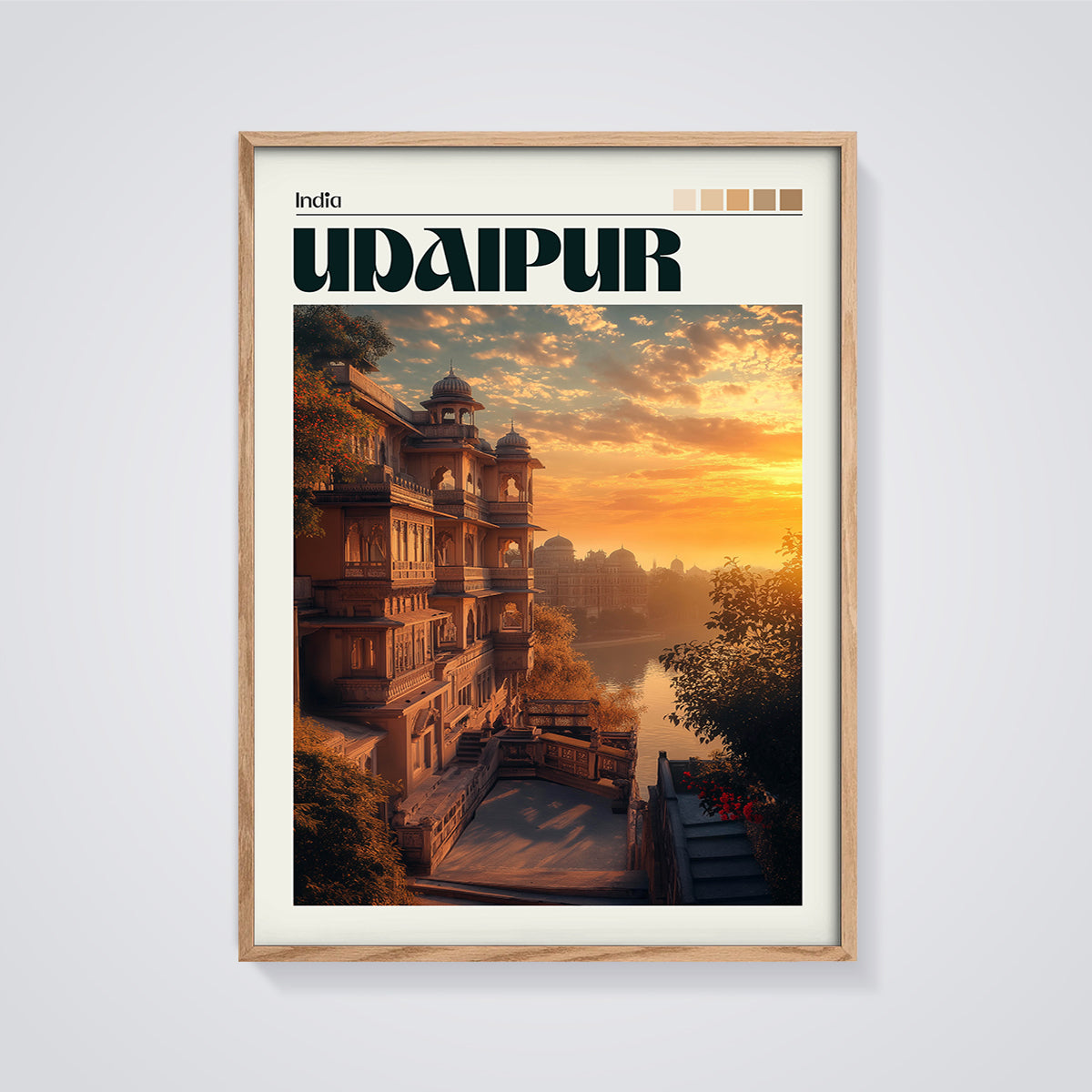 Udaipur Sunset Palace Print framed in oak on a grey background