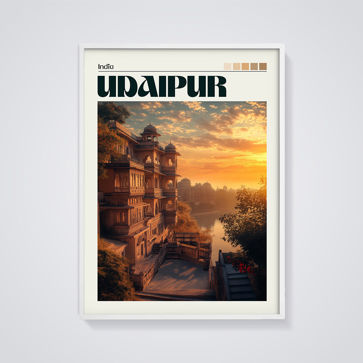 Udaipur Sunset Palace Print framed in white on a grey background