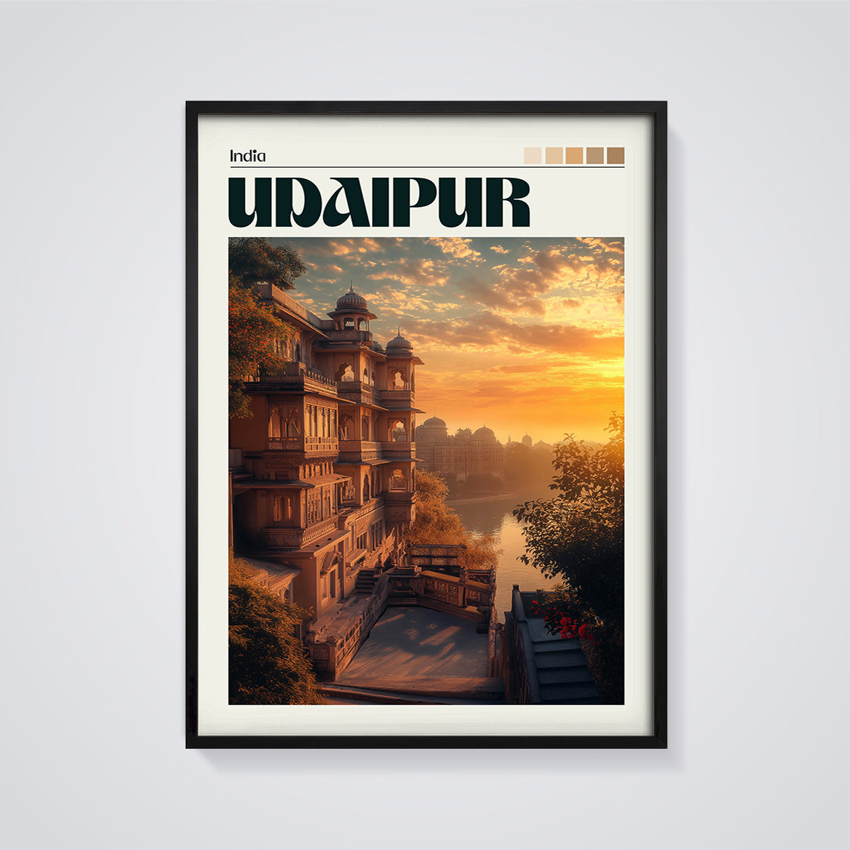Udaipur Sunset Palace Print framed in black on a grey background