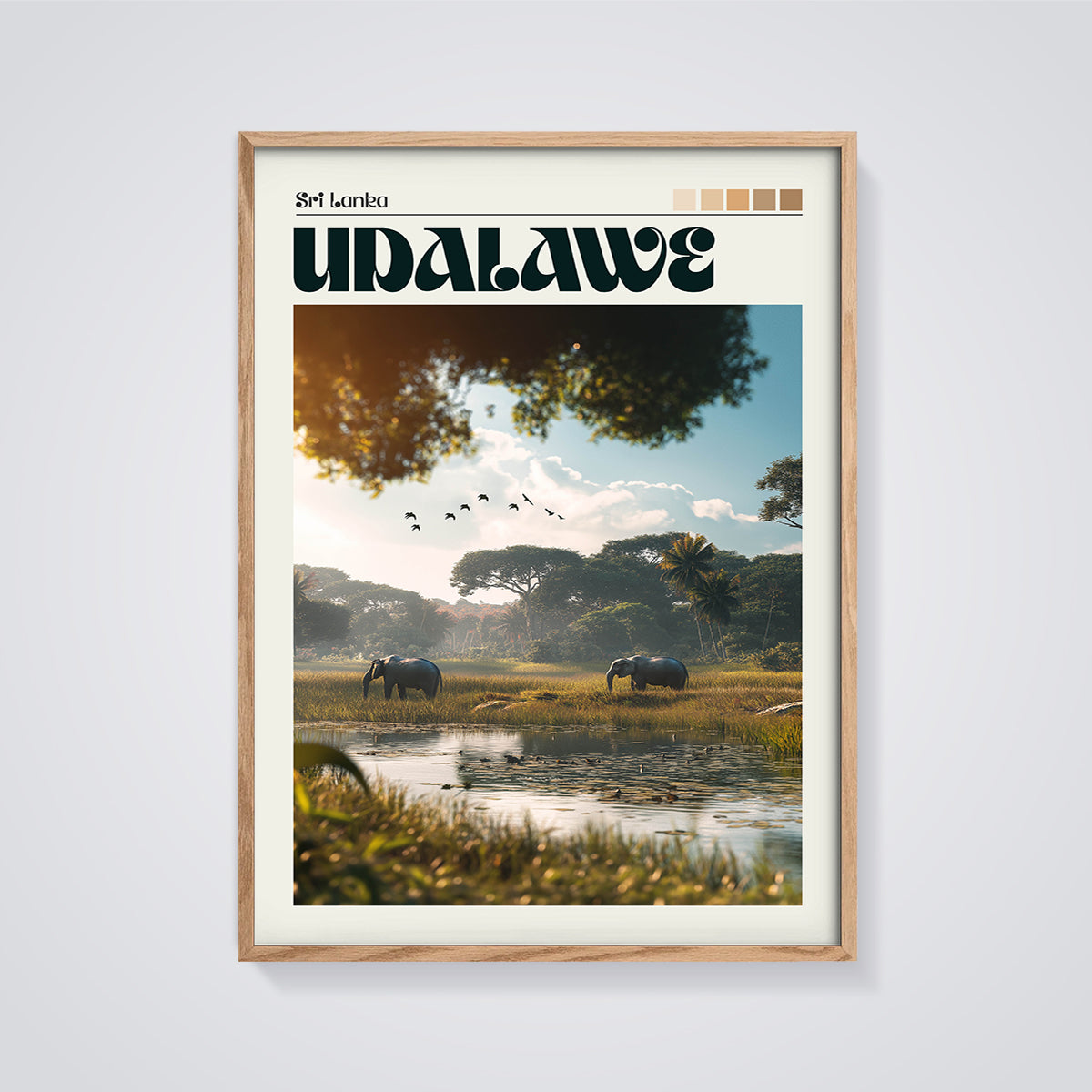 Udawalawe Elephants Safari Print framed in oak on a grey background
