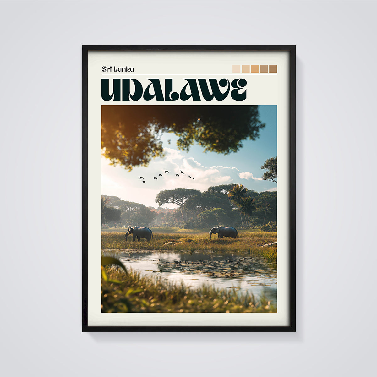 Udawalawe Elephants Safari Print framed in black on a grey background