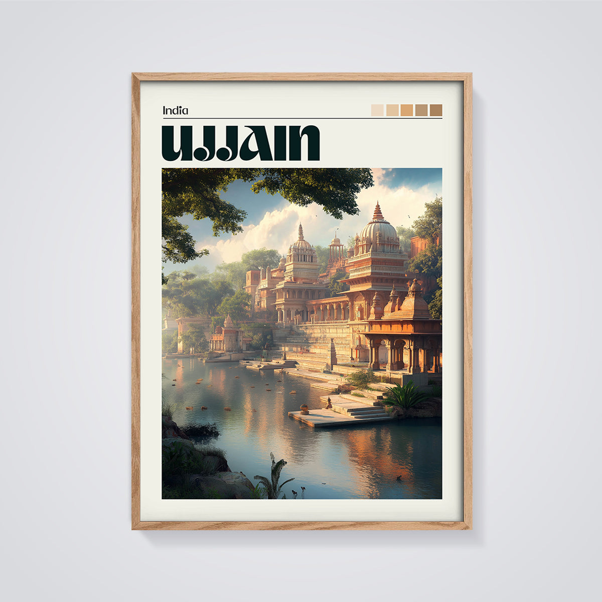 Ujjain India Temples Print framed in oak on a grey background
