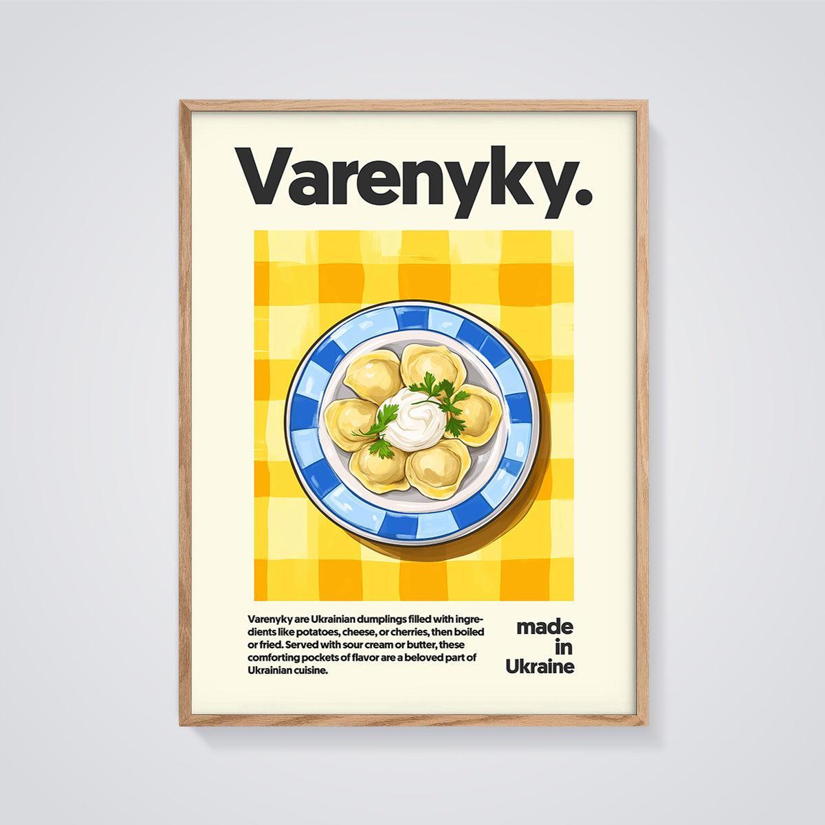 Ukrainian Varenyky Meal Print framed in oak on a grey background