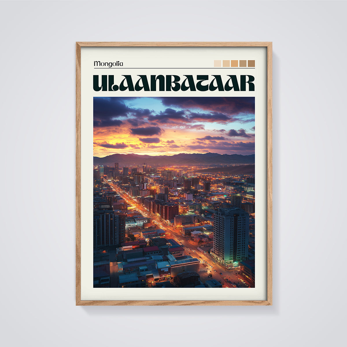 Ulaanbaatar Sunset City Print framed in oak on a grey background
