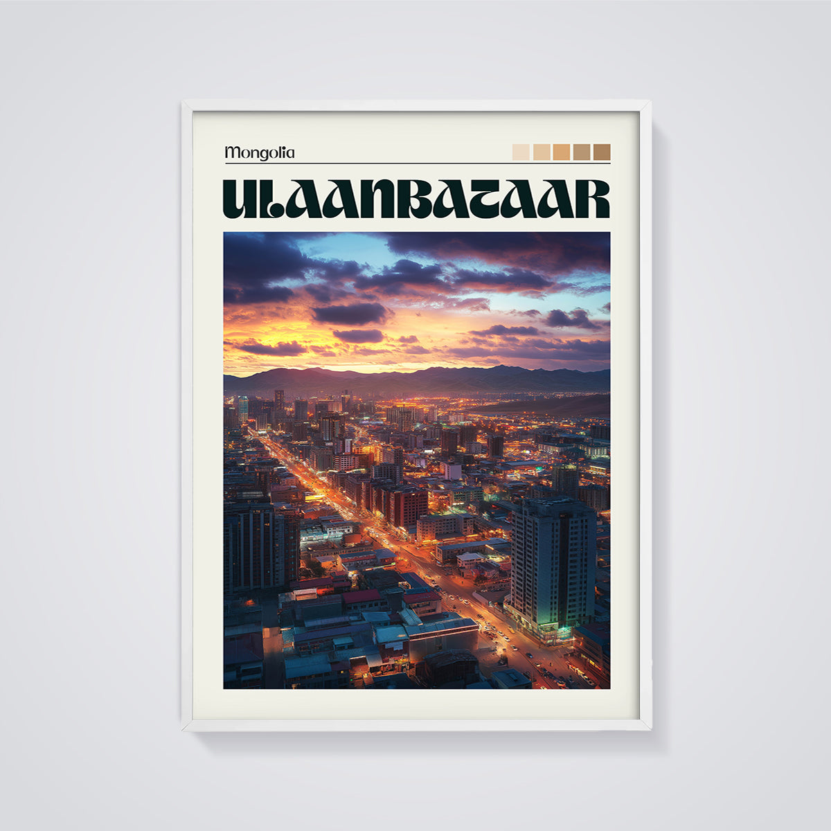 Ulaanbaatar Sunset City Print framed in white on a grey background