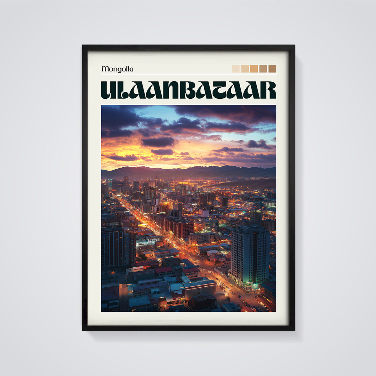 Ulaanbaatar Sunset City Print framed in black on a grey background